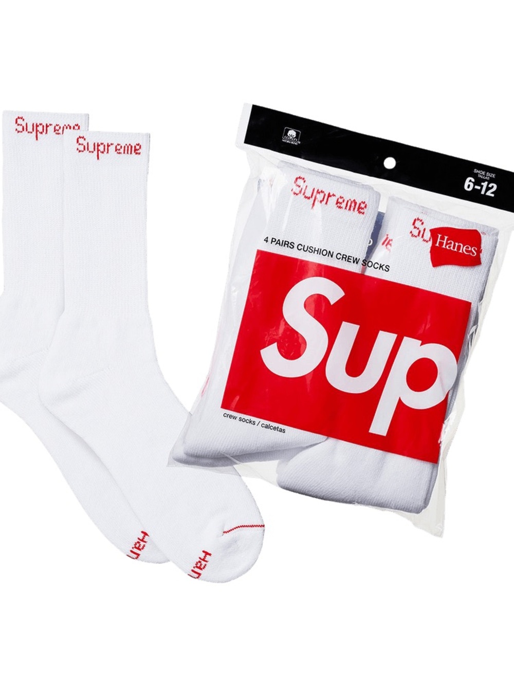 Hanes White Crew Socks with Red Logo - Pack of 4
